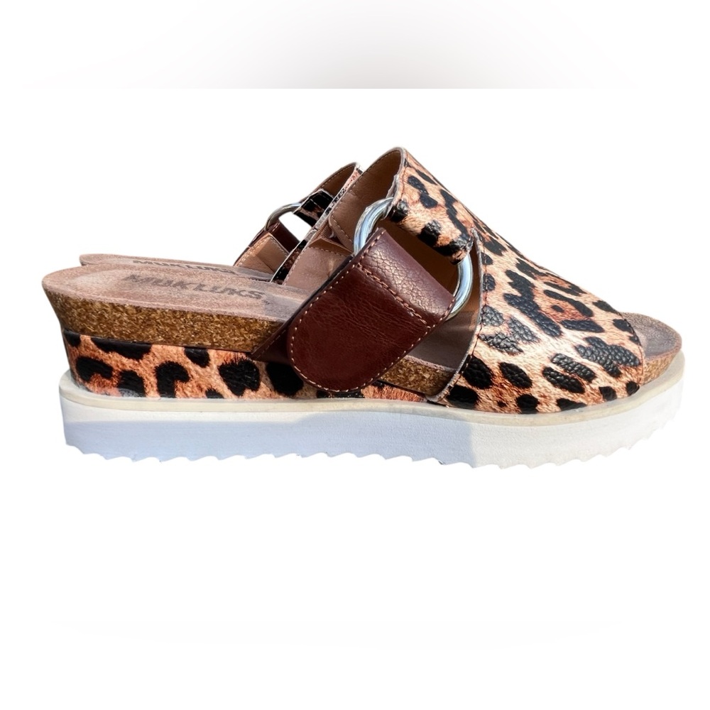 Muk Luks Leopard Print Slide Sandals Size 8 Cork Footbed Comfort Wedge - Picture 4 of 8
